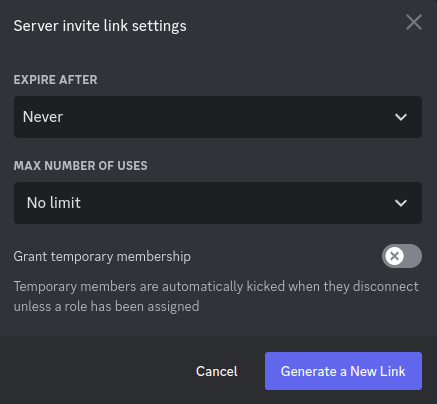 Dicord: invite link settings